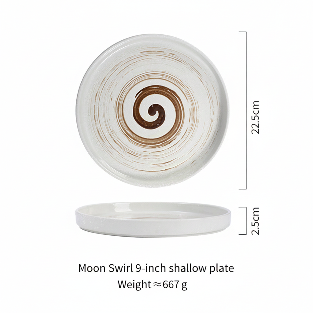 White 9 inch flat bottom shallow plate monthly swirl