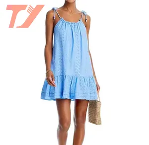 TUOYI Manufacturer Custom Latest Fashion Collection Elegant Summer Women Blue Eyelet Vacation After Party Mini Dress