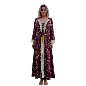 Robe longue vintage imprimée à motif floral, col en V, manches longues, avec lien à nouer et décoration à pompons, robe empire faite à la main - Product Image 1