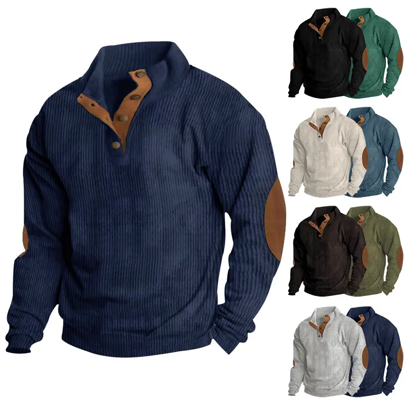 New Men's Long Sleeve Casual Pullover Sweatshirt with Button Stand Collar Corduroy Warm Thick Jacket Autumn Outdoor Wear