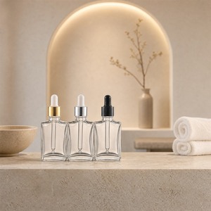Square Empty Glass <b>Bottle</b> with Pipette Dropper for Hair <b>Oil</b> Serum Clear Cosmetic Packaging Wholesale Bulk - Product Image 1