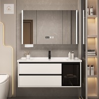 XINGRUO Meja Rias Kamar Mandi Modern dari Kayu Lapis dengan Wastafel Keramik, Cermin LED, Terpasang di Dinding, Ramah Lingkungan, Tahan Lama, untuk Vila Mewah