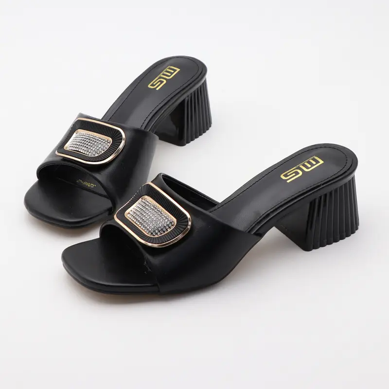 SHIKOL 2024 tendance carré strass pantoufles pour femmes noir blanc épais talons hauts pour dames chaussures de fête sandales à talons