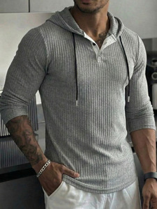 <b>Men's</b> Ribbed Hooded Sweatshirt Long Sleeve <b>Henley</b> Pullover Solid Color Casual Fitness <b>Top</b> - Product Image 1