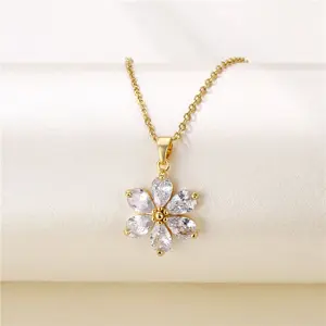 Zircon flower pendant Stainless Steel necklace for women 18k gold plated jewellery