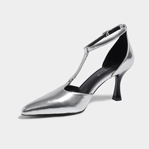 Chic Stiletto con cinturino a T in argento pump <span class=keywords><strong>scarpe</strong></span> da festa a punta con tacchi sottili per la moda estiva e autunnale - Product Image 4