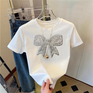 T-shirt casual all'ingrosso 2026 a maniche corte <span class=keywords><strong>con</strong></span> scollo rotondo, fiocco, <span class=keywords><strong>paillettes</strong></span> e stampa motivo burro, traspirante e tinta unita - Product Image 1