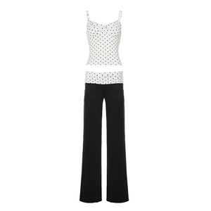 Conjunto de Dos Piezas para Mujer, Estilo Retro Francés, Camisola Casual con Bloques de Color y Estampado de Lunares, Pantalones Largos de Pierna Recta - Product Image 6