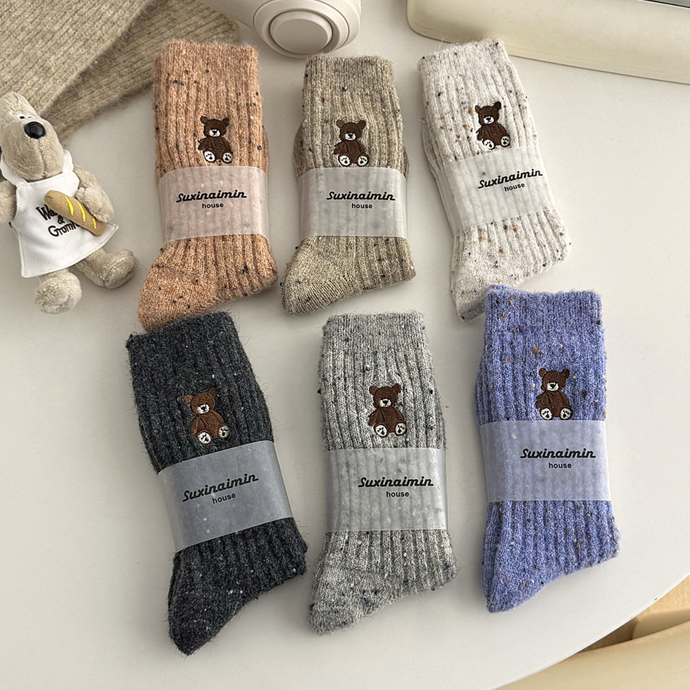 Winter New Cute Cartoon Embroidery Bear Thick Wool Socks Cozy Soft Cashmere Women Mid Tube Socks