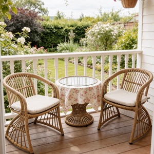 Conjunto de Muebles de Jardín para Balcón, Patio o Terraza, 3 Piezas, Mesa y Sillas de Mimbre Sintético Tejido a Mano, Resistentes a la Intemperie, con Cojines - Product Image 1