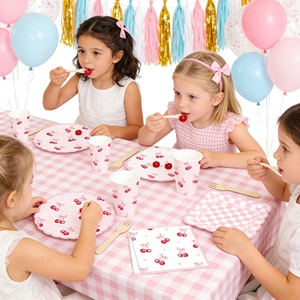 DAMAI - Vajilla Desechable para Fiestas de Cumpleaños Infantiles, Diseño de Frutas de Verano, Cuadros Rosas y Cerezas, Servilletas, Vasos y Platos de Papel - Product Image 1