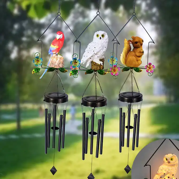 Zonne-energie Led Uil Dier Opknoping Licht Smeedijzeren Wind Chime Uil Hanger Lampen Voor Tuin Patio Raamdecoratie