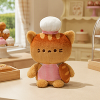 Peluche de chat avec accessoires de chef (chapeau, tablier, pain) – Cadeau