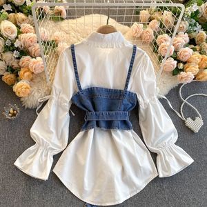 Venta al por mayor <span class=keywords><strong>de</strong></span> blusa <span class=keywords><strong>de</strong></span> <span class=keywords><strong>moda</strong></span> <span class=keywords><strong>de</strong></span> talla grande ropa <span class=keywords><strong>de</strong></span> mujer nueva manga <span class=keywords><strong>de</strong></span> burbuja <span class=keywords><strong>de</strong></span> mezclilla correa <span class=keywords><strong>de</strong></span> dos piezas conjunto superior - Product Image 3