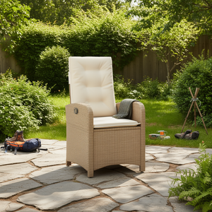 Chaise de patio inclinable en polyrotin beige avec coussins, meubles de jardin d'extérieur - Product Image 2