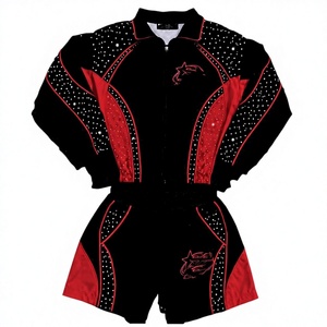 Veste coupe-vent et short de luxe en nylon noir et rouge avec strass, style sportif d'été, veste de survêtement personnalisée USA - Product Image 5