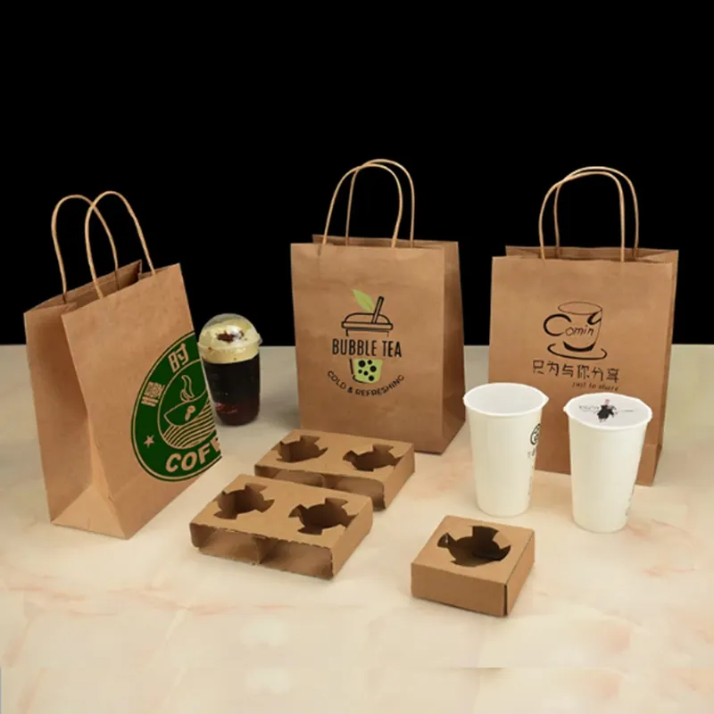 テイクアウトベーカリーフードブラウンクラフトペーパーキャリアバッグコーヒー用テイクアウトカフェ、カスタム印刷ロゴ付き