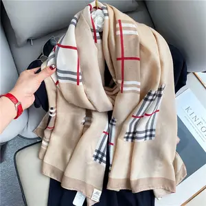 In stock all-match Plaid Hijabs wide soft shawl beach towel long linen silk scarf