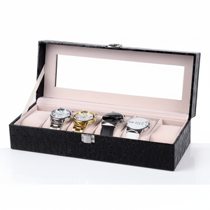 Caja de reloj de cuero negro de cocodrilo Estuche elegante de 6 posiciones para almacenamiento de relojes y presentación de regalos - Product Image 2