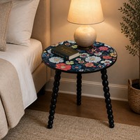 Table basse ronde détachable à motif mandala, pieds torsadés en bois massif, table d'appoint artistique pour la décoration de la maison