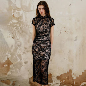 ZYHT 30470 Precio de venta completo Nuevo <span class=keywords><strong>Cheongsam</strong></span> de encaje chino Elegante manga corta Slit Vintage Bodycon Dress - Product Image 1