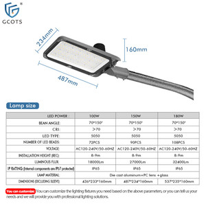 Lampadaire LED AC sans scintillement 180 lm/W, extérieur IP65, 100-180W, aluminium, température de fonctionnement -30 à 45°C, garantie 3 ans - Product Image 3