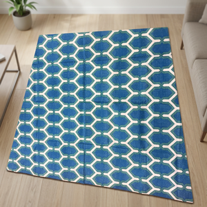 Tapis géométrique moderne en coton bleu-vert, rectangulaire, tissage plat, antidérapant, fait main, avec envers en coton, à poils courts et épais, style bohème - Product Image 4