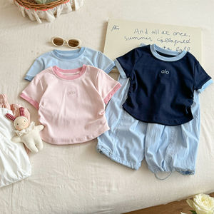 Tongxingyuan Girls Summer Outfit Set Short Sleeve Cotton Two Piece Thin Solid Color Children's Clothing - Product Image 1