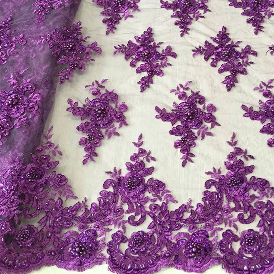Penjualan Terbaik Warna Ungu Desain Bordir Tangan Payet Berat Manik-manik Kain Renda Bahan Baju Bordir