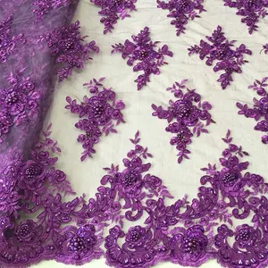 best selling purple color hand embroidery designs heavy sequin beaded lace fabric embroidery dress material