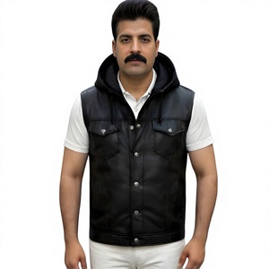 <b>Top</b> Quality Custom Made New Men Vintage Leather Vest Jacket Zip up Classic Vest with Hood Sleeveless Jacket Style Vests - Product Image 1