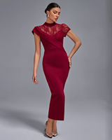 Robe de soirée mi-longue moulante Ocstrade Fashion pour femme, bordeaux, avec empiècements en dentelle, col montant, manches courtes, style bandage, élégante et décontractée