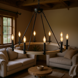 Lustre rustique style ferme à 10 bougies, en métal noir et bois, rond, hauteur réglable, base E12, luminaire d'intérieur - Product Image 2