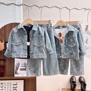 Niñas 2025 primavera y otoño nueva ropa para niños niñas Linda chaqueta de mezclilla Floral <span class=keywords><strong>Pantalones</strong></span> rectos conjunto de dos piezas - Product Image 1