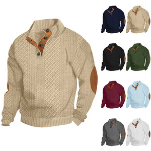 Pull en maille jacquard à col montant pour homme, coupe ajustée, manches longues, décontracté, pour l'extérieur, avec boutons sur le devant, collection automne-hiver - Product Image 3