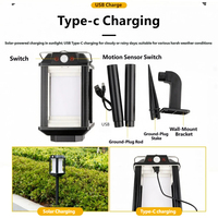 Lampe solaire de jardin étanche IP65 à batterie lithium, 3 couleurs, avec détecteur de mouvement et port Type-C pour pelouse extérieure