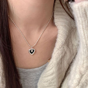 S925 Sterling Silver <b>Heart</b> Necklace <b>Black</b> Glaze Design Clavicle Chain Fashionable Light Luxury Jewelry Gift - Product Image 4
