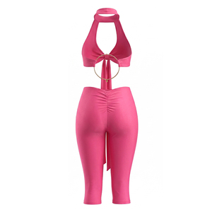 Viviblook J26ST290 Women <b>Sexy</b> Sleeveless <b>Set</b> Halter Strapless Hollow Out Twisted Ribbon Crop Top Cropped Pant Two Piece <b>Set</b> - Product Image 6