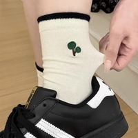 Chaussettes à broderie chat en coton peigné pour femmes, longueur de l'équipage d'automne, style Harajuku japonais, manchette avec logo, dessin animé mignon, quotidien
