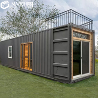 Maison conteneur modulaire de 40 pieds, personnalisée, en panneaux sandwich acier, fibre de verre et laine, respirante, en kit plat, avec terrasse