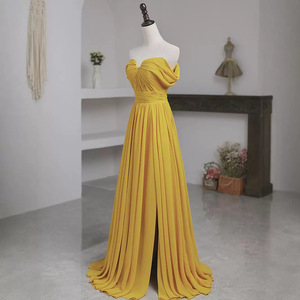 Yellow Off The Shoulder Evening Gown Empire Waist Long Dress For Banquet And Party - Product Image 2