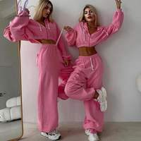 Ensemble 2 pièces décontracté pour femme 2026 : sweat à capuche court zippé en laine rose et pantalon large coupe droite