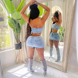 Minijupe en <span class=keywords><strong>jean</strong></span> deux pièces vêtements pour femmes bustier tubulaire et jupes en <span class=keywords><strong>jean</strong></span> tenues 2 pièces avec perles - Product Image 4