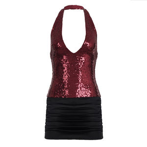 Robe mini sexy à sequins pour femmes, col halter, décolleté plongeant, moulante, tenue de soirée, soirée en boîte de nuit, coupe ajustée, brillante, bicolore - Product Image 6