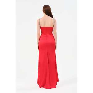 Robe de Demoiselle d'Honneur Rouge Élégante, Col Cœur, Bretelles Fines, Silhouette Fourreau, Fente Haute, Taille Naturelle, Robe Longue - Product Image 2