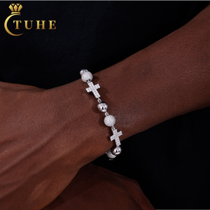 Jewelry Wholesale Luxury TUHE Mens Charm 10mm 925 Sterling <b>Silver</b> Rhodium Plated VVS Moissanite Iced Ball Cross Link <b>Bracelet</b> - Product Image 1