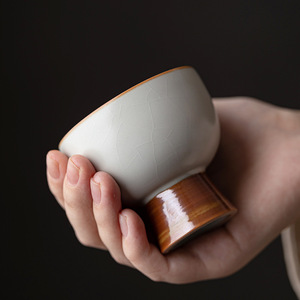 Retro Ru Ware Stemmed <b>Teacup</b> Ceramic Single Cup Crackle Glaze For Kung Fu Tea Tasting Cup Beige New Chinese Style - Product Image 5