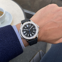 Montre mécanique automatique personnalisée avec boîtier en acier inoxydable, bracelet en cuir de vache, étanche 50 bars, mode masculine, grille noire, 20 mm, 42 mm