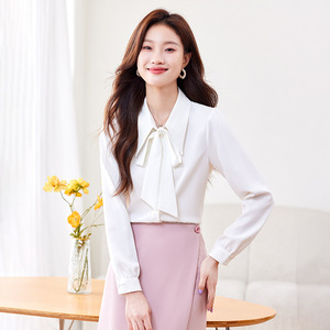 Women's Purple Satin Bow-Tie Blouse Long Sleeve Office Shirt Solid Color Fashion Top - Product Image 2