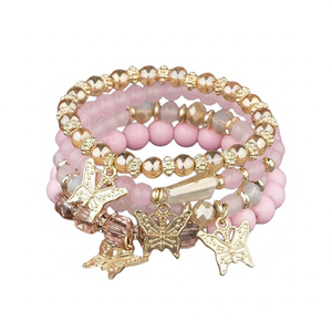 Set di 4 Braccialetti Boho con Farfalle e Cristalli, Elastici con Ciondoli, Perline Dorate, Impilabili e Colorati per Donne - Product Image 2